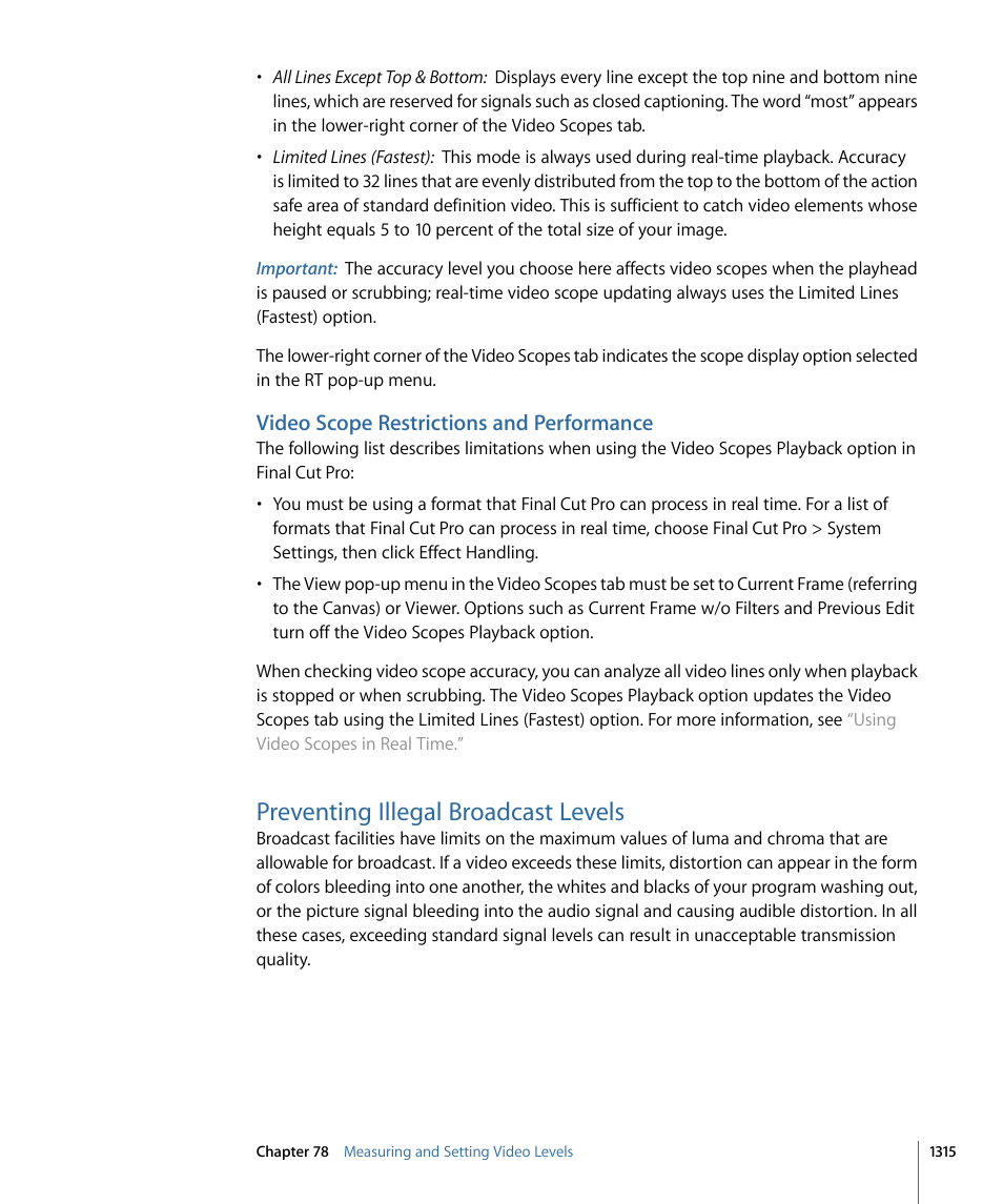 Video scope restrictions and performance, Preventing illegal broadcast levels | Apple Final Cut Pro 7 User Manual | Page 1315 / 1990