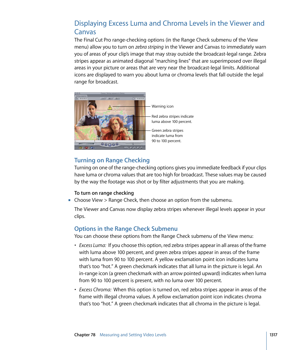 Turning on range checking, Options in the range check submenu | Apple Final Cut Pro 7 User Manual | Page 1317 / 1990