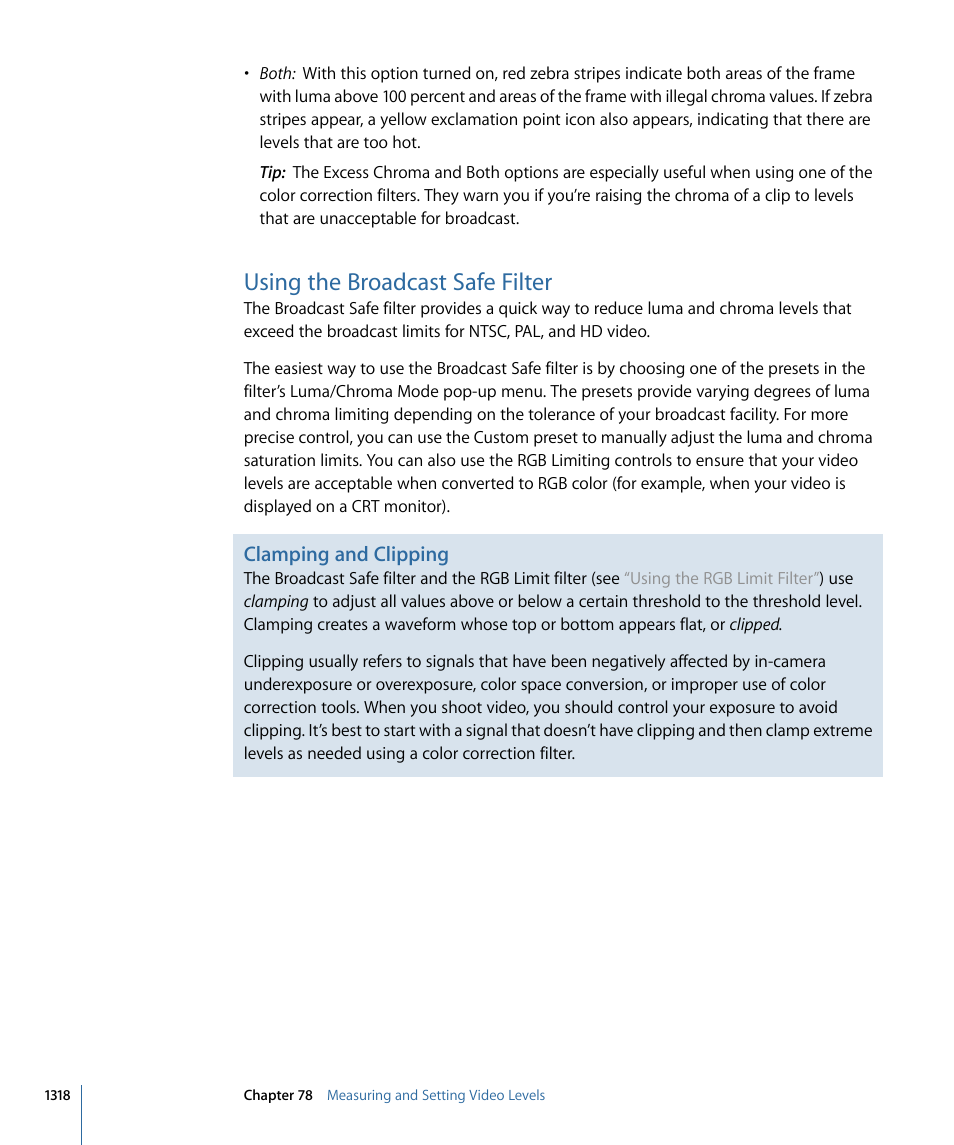 Using the broadcast safe filter, Clamping and clipping | Apple Final Cut Pro 7 User Manual | Page 1318 / 1990