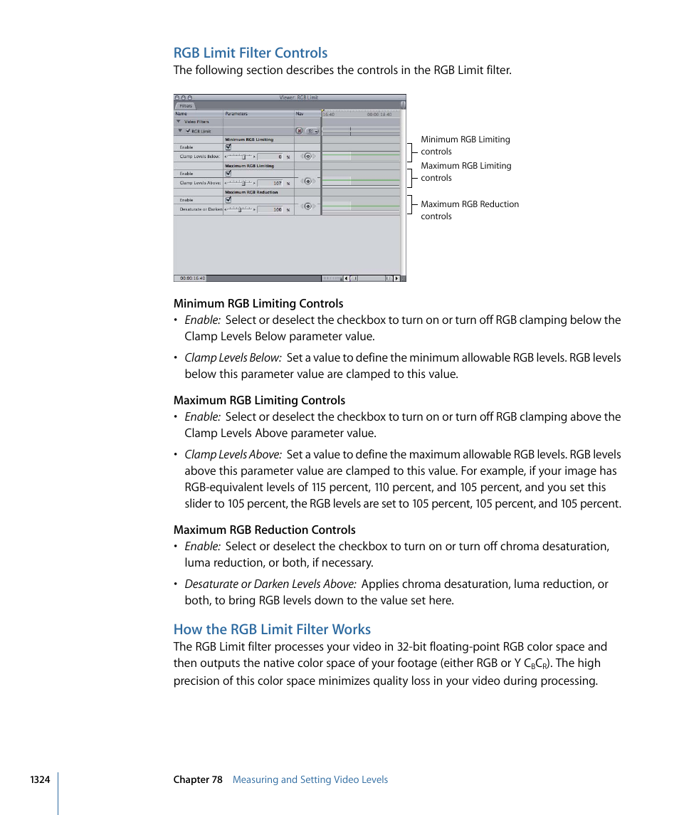 Rgb limit filter controls, How the rgb limit filter works | Apple Final Cut Pro 7 User Manual | Page 1324 / 1990