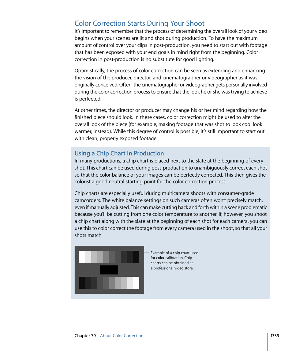 Color correction starts during your shoot, Using a chip chart in production | Apple Final Cut Pro 7 User Manual | Page 1339 / 1990