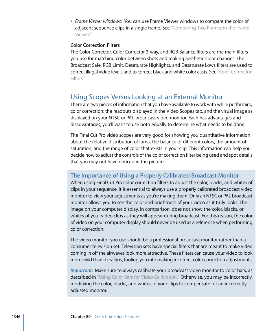 Using scopes versus looking at an external monitor | Apple Final Cut Pro 7 User Manual | Page 1346 / 1990