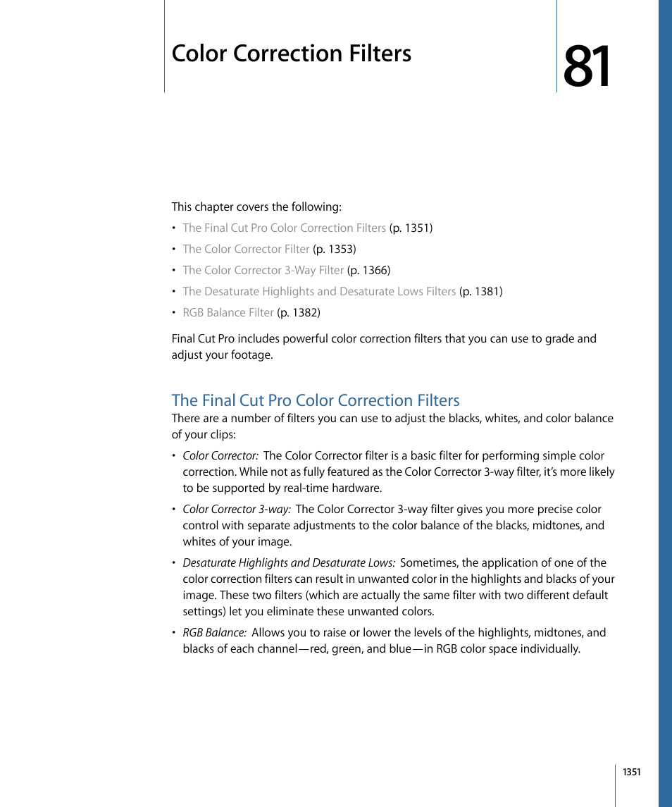 Color correction filters, The final cut pro color correction filters, Color correction | Filters | Apple Final Cut Pro 7 User Manual | Page 1351 / 1990