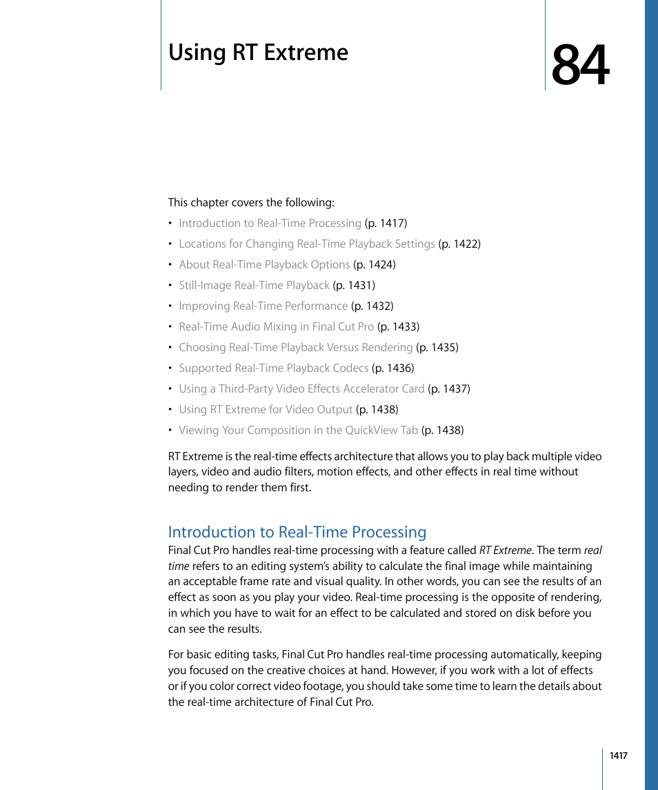 Using rt extreme, Introduction to real-time processing, Tion, see | Apple Final Cut Pro 7 User Manual | Page 1417 / 1990