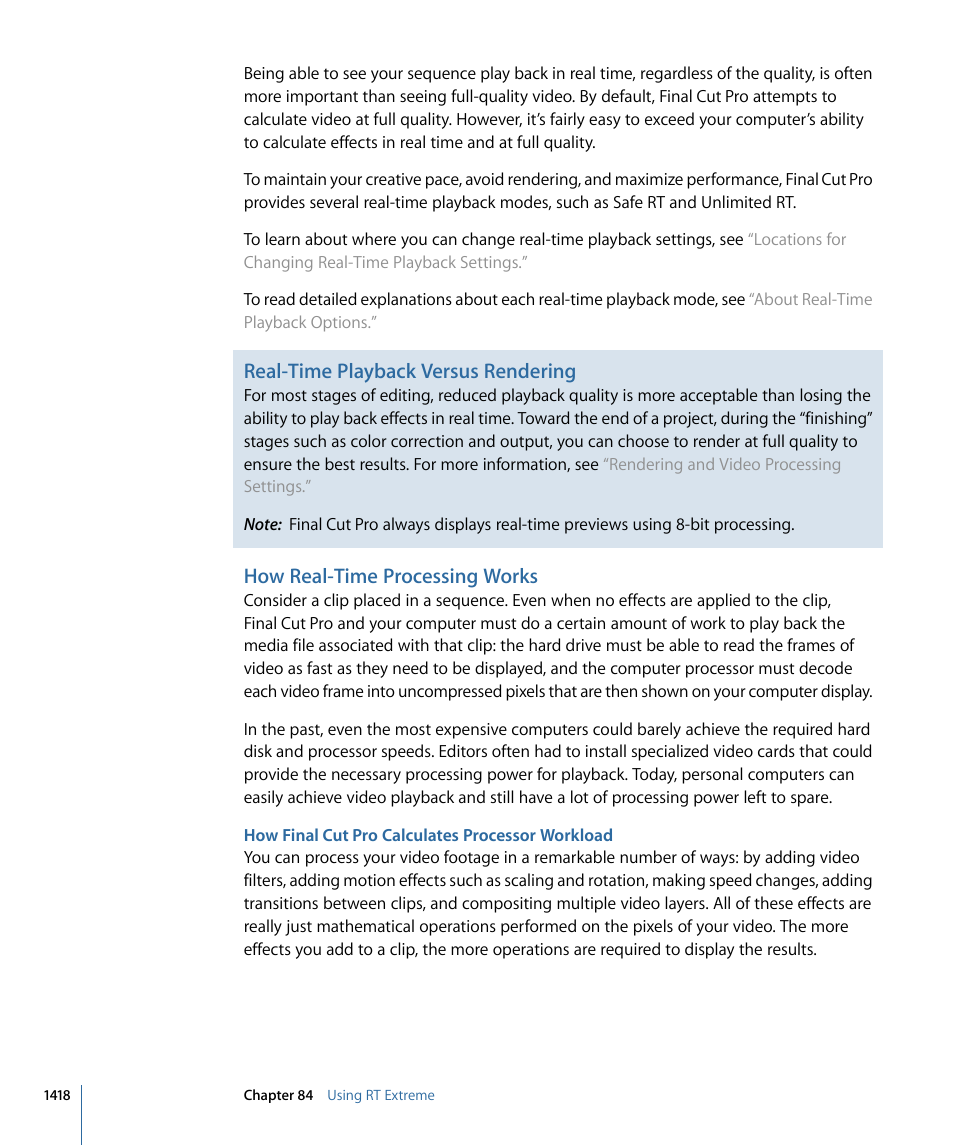 How real-time processing works, How final cut pro calculates processor workload, Real-time playback versus rendering | Apple Final Cut Pro 7 User Manual | Page 1418 / 1990