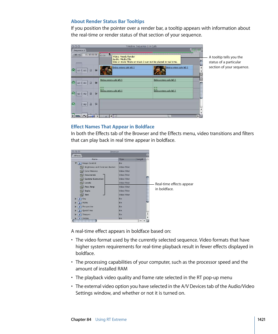 About render status bar tooltips, Effect names that appear in boldface | Apple Final Cut Pro 7 User Manual | Page 1421 / 1990