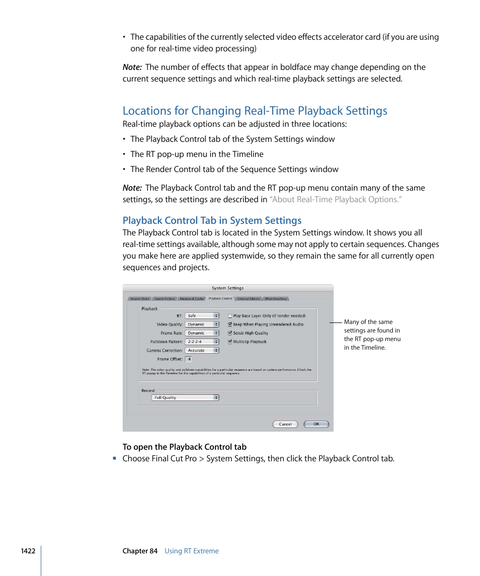 Locations for changing real-time playback settings, Playback control tab in system settings, Locations for | Changing real-time playback settings | Apple Final Cut Pro 7 User Manual | Page 1422 / 1990