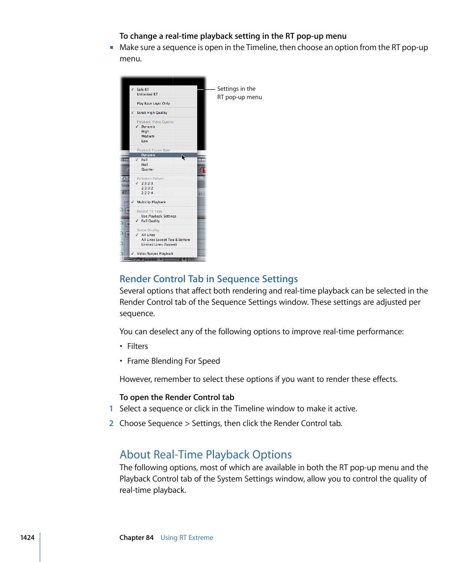 Render control tab in sequence settings, About real-time playback options, About real-time | Playback options, About real-time playback, Options | Apple Final Cut Pro 7 User Manual | Page 1424 / 1990