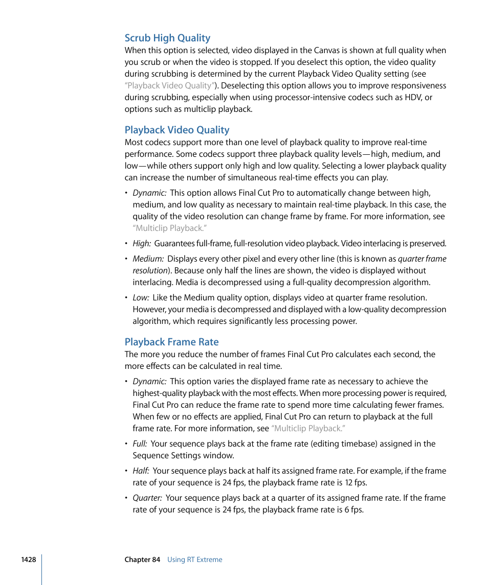 Scrub high quality, Playback video quality, Playback frame rate | Apple Final Cut Pro 7 User Manual | Page 1428 / 1990