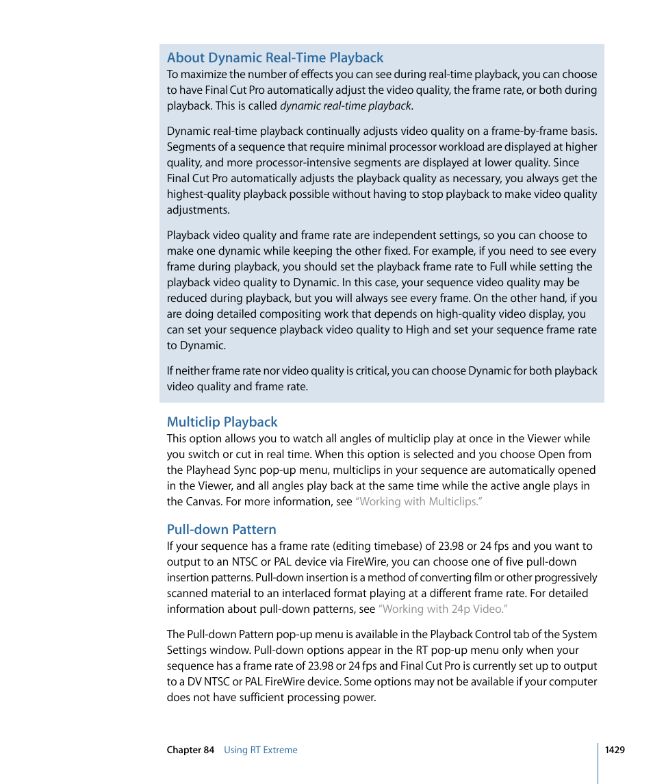 Multiclip playback, Pull-down pattern, About dynamic real-time playback | Apple Final Cut Pro 7 User Manual | Page 1429 / 1990
