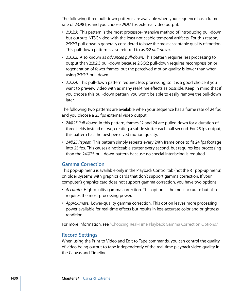 Gamma correction, Record settings | Apple Final Cut Pro 7 User Manual | Page 1430 / 1990