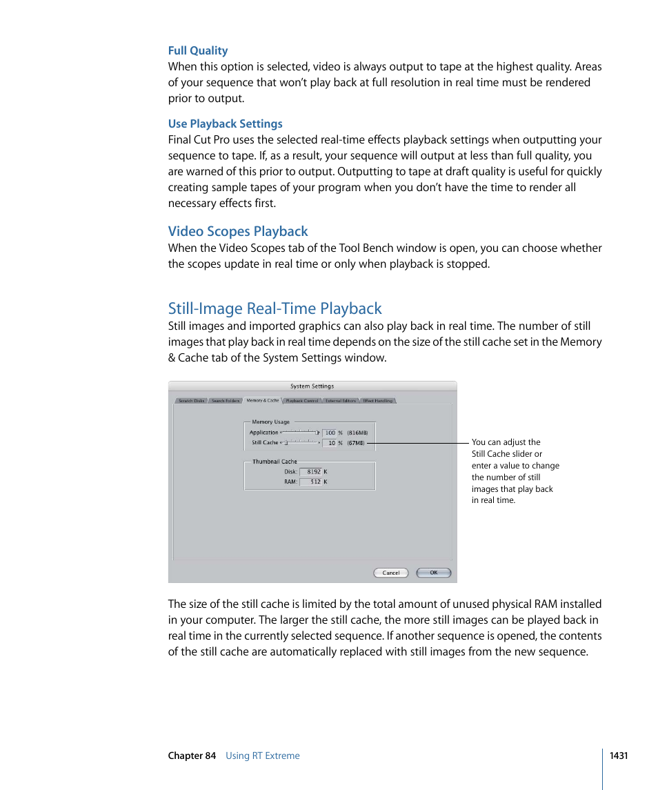 Full quality, Use playback settings, Video scopes playback | Still-image real-time playback | Apple Final Cut Pro 7 User Manual | Page 1431 / 1990