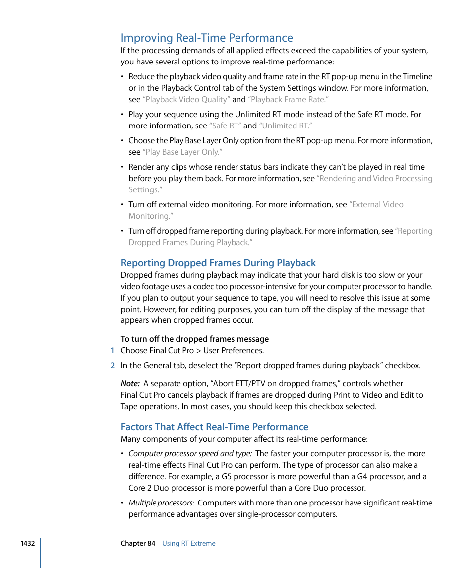 Improving real-time performance, Reporting dropped frames during playback, Factors that affect real-time performance | Apple Final Cut Pro 7 User Manual | Page 1432 / 1990