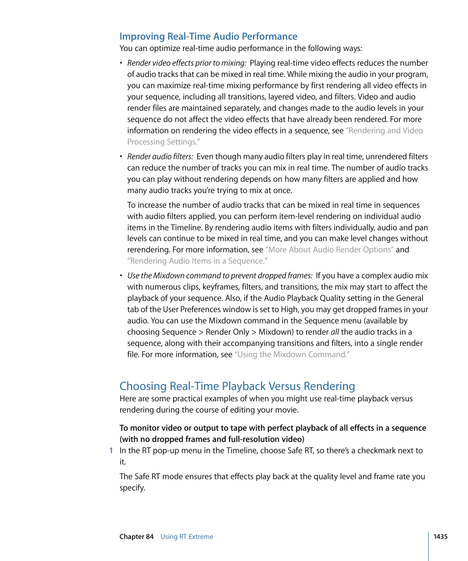 Improving real-time audio performance, Choosing real-time playback versus rendering | Apple Final Cut Pro 7 User Manual | Page 1435 / 1990