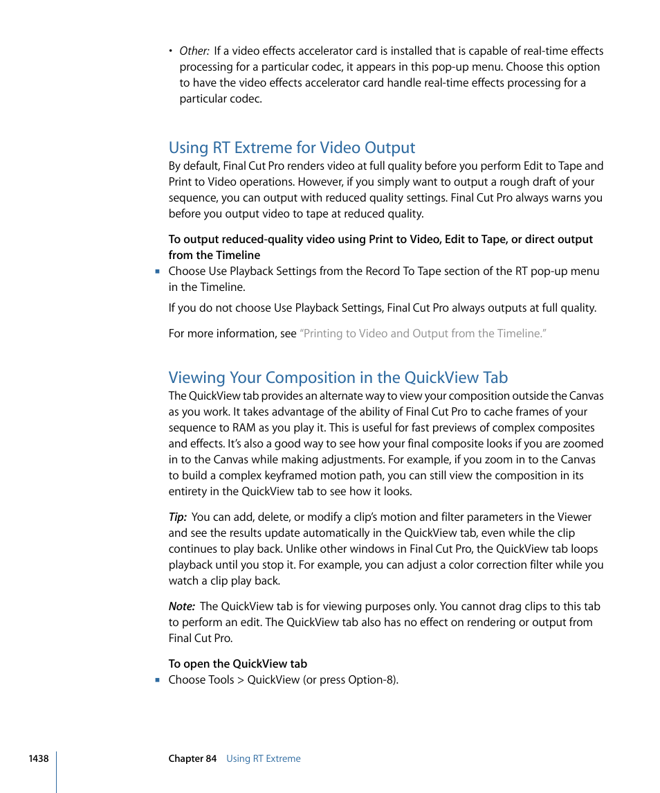 Using rt extreme for video output, Viewing your composition in the quickview tab | Apple Final Cut Pro 7 User Manual | Page 1438 / 1990