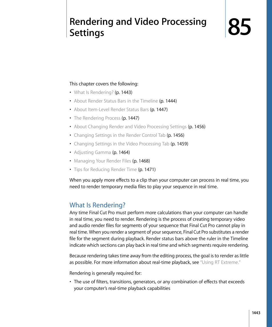 Rendering and video processing settings, What is rendering, Rendering | And video processing settings, Rendering and video processing, Settings, Rendering and video, Processing settings | Apple Final Cut Pro 7 User Manual | Page 1443 / 1990