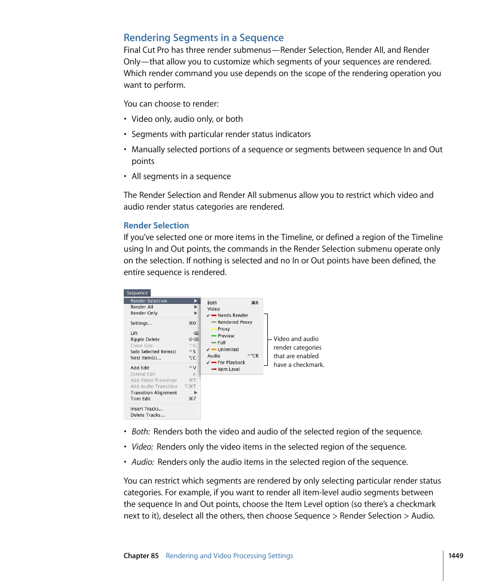 Rendering segments in a sequence, Render selection | Apple Final Cut Pro 7 User Manual | Page 1449 / 1990