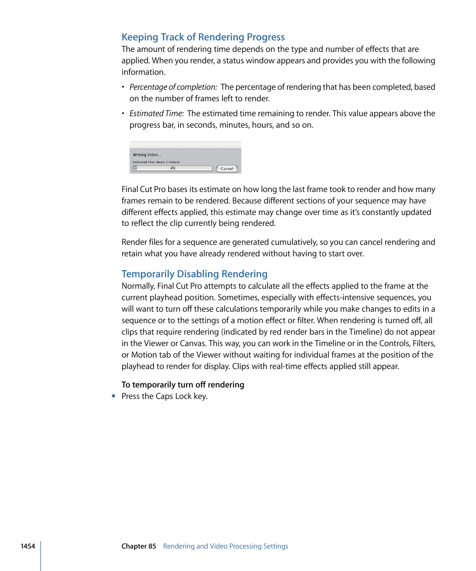 Keeping track of rendering progress, Temporarily disabling rendering | Apple Final Cut Pro 7 User Manual | Page 1454 / 1990