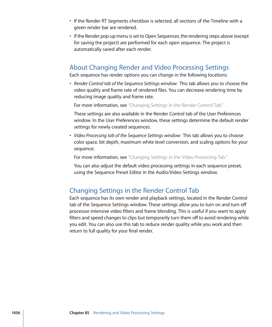 Changing settings in the render control tab, About changing render, And video processing settings | Apple Final Cut Pro 7 User Manual | Page 1456 / 1990