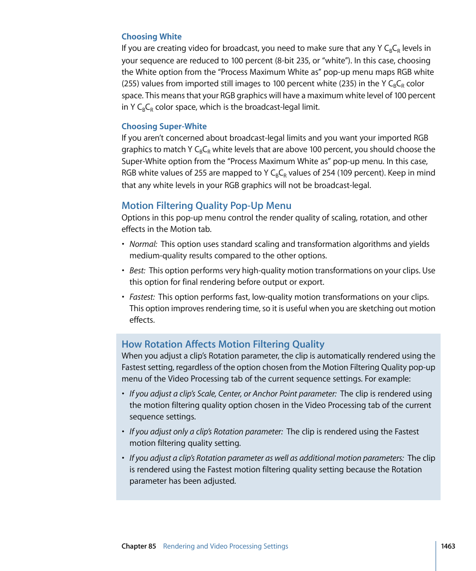 Choosing white, Choosing super-white, Motion filtering quality pop-up menu | How rotation affects motion filtering quality | Apple Final Cut Pro 7 User Manual | Page 1463 / 1990