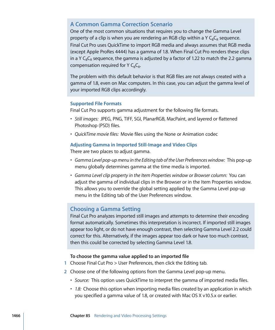 Supported file formats, A common gamma correction scenario, Choosing a gamma setting | Apple Final Cut Pro 7 User Manual | Page 1466 / 1990