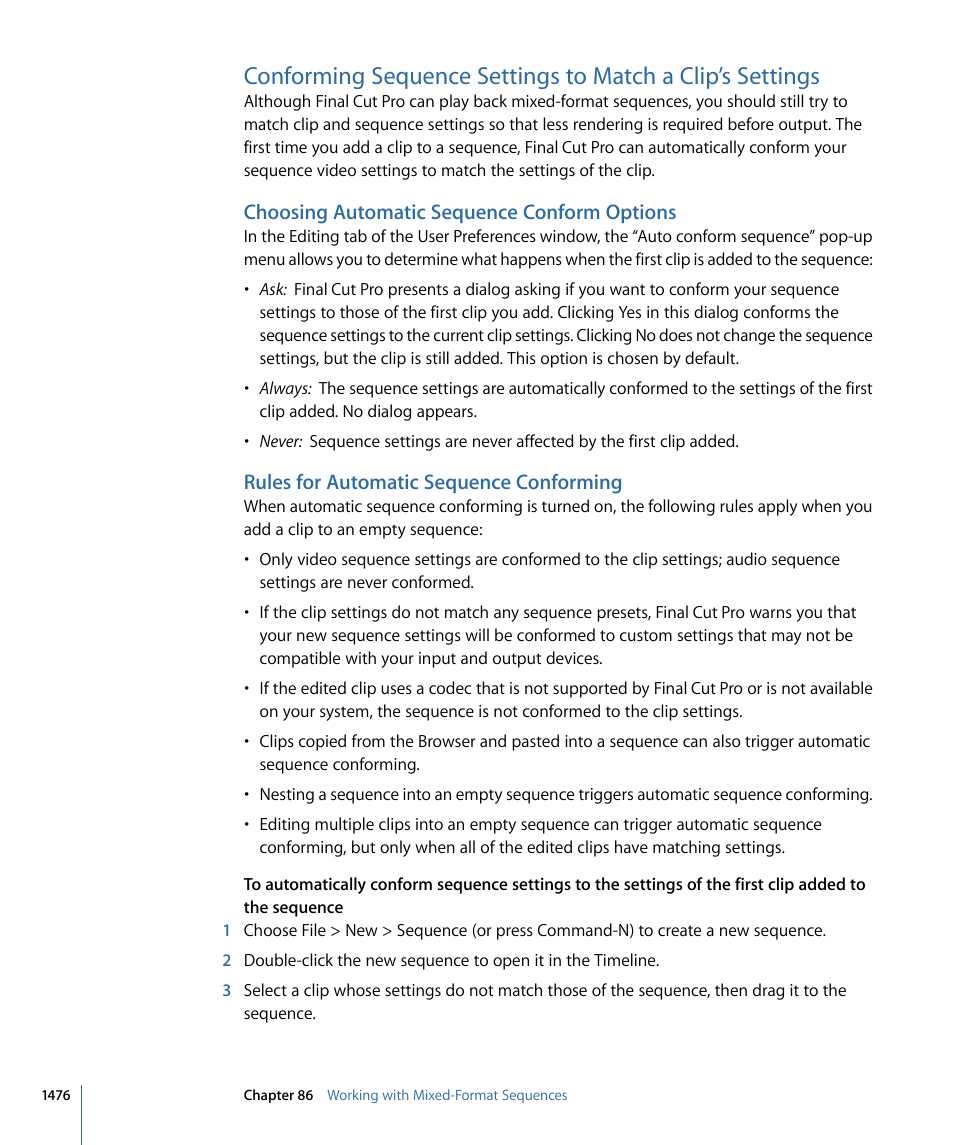 Choosing automatic sequence conform options, Rules for automatic sequence conforming | Apple Final Cut Pro 7 User Manual | Page 1476 / 1990