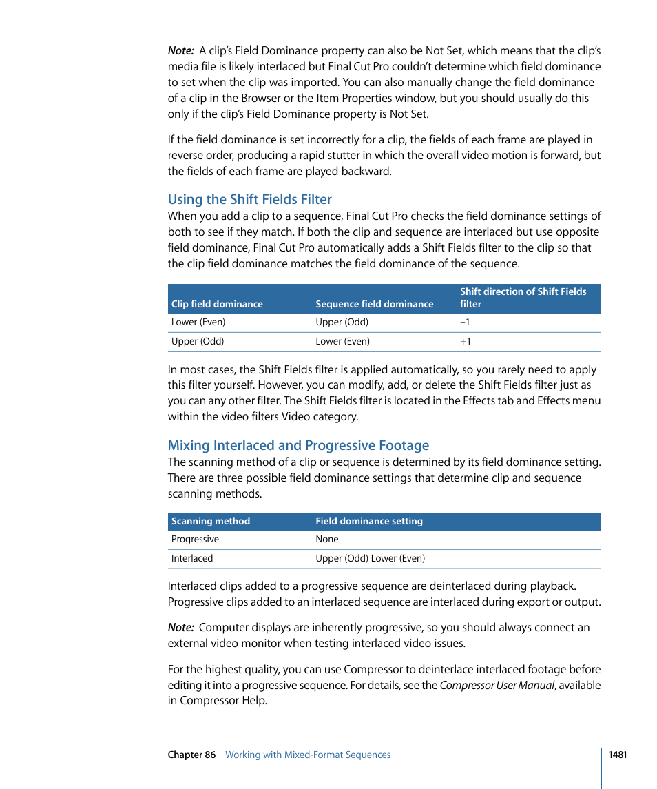 Using the shift fields filter, Mixing interlaced and progressive footage | Apple Final Cut Pro 7 User Manual | Page 1481 / 1990