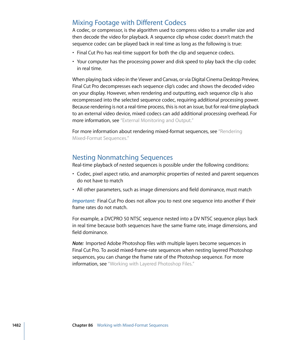 Mixing footage with different codecs, Nesting nonmatching sequences | Apple Final Cut Pro 7 User Manual | Page 1482 / 1990