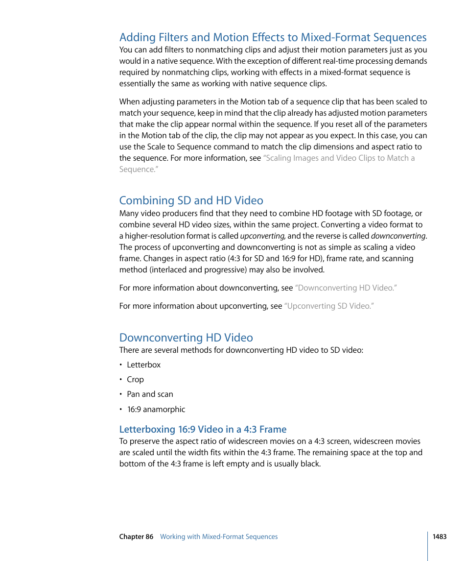 Combining sd and hd video, Downconverting hd video, Letterboxing 16:9 video in a 4:3 frame | Apple Final Cut Pro 7 User Manual | Page 1483 / 1990