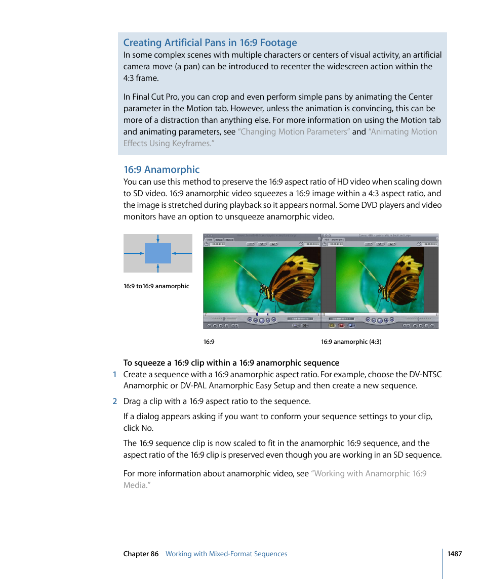 9 anamorphic, Creating artificial pans in 16:9 footage | Apple Final Cut Pro 7 User Manual | Page 1487 / 1990