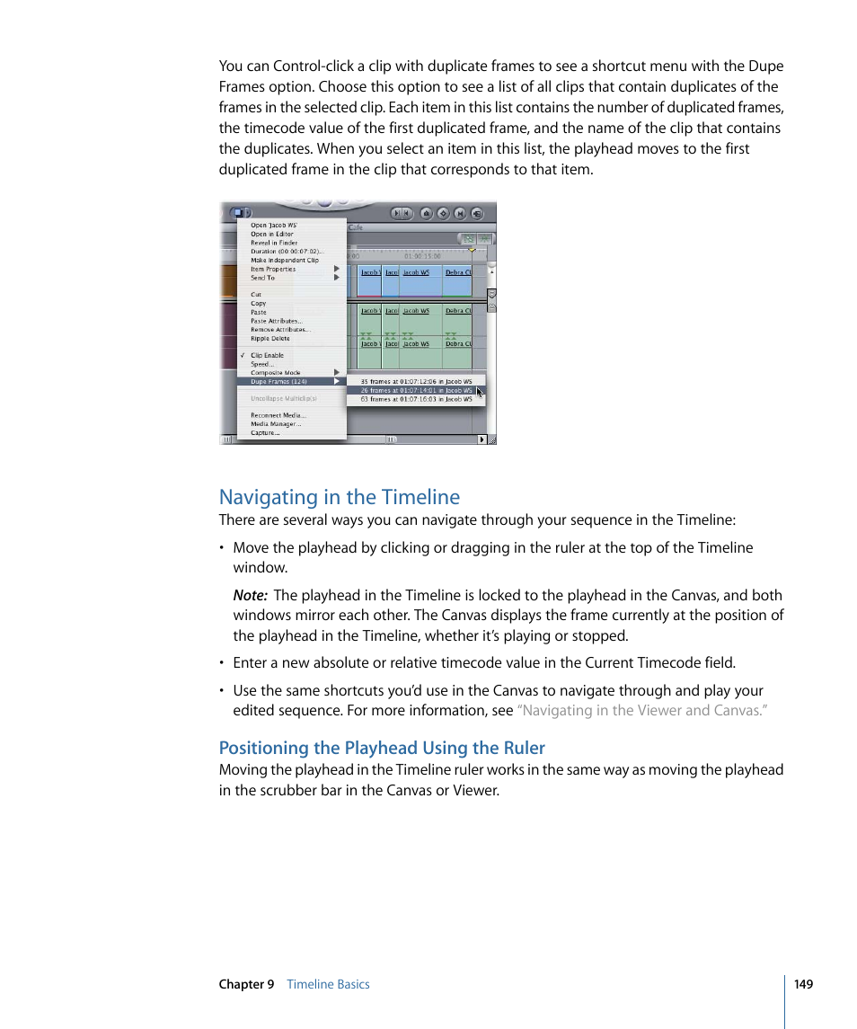 Navigating in the timeline, Positioning the playhead using the ruler | Apple Final Cut Pro 7 User Manual | Page 149 / 1990