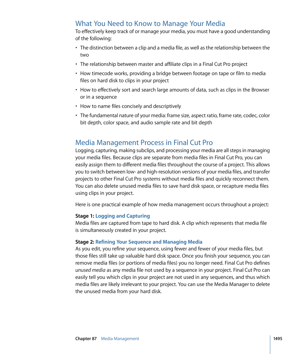 What you need to know to manage your media, Media management process in final cut pro | Apple Final Cut Pro 7 User Manual | Page 1495 / 1990