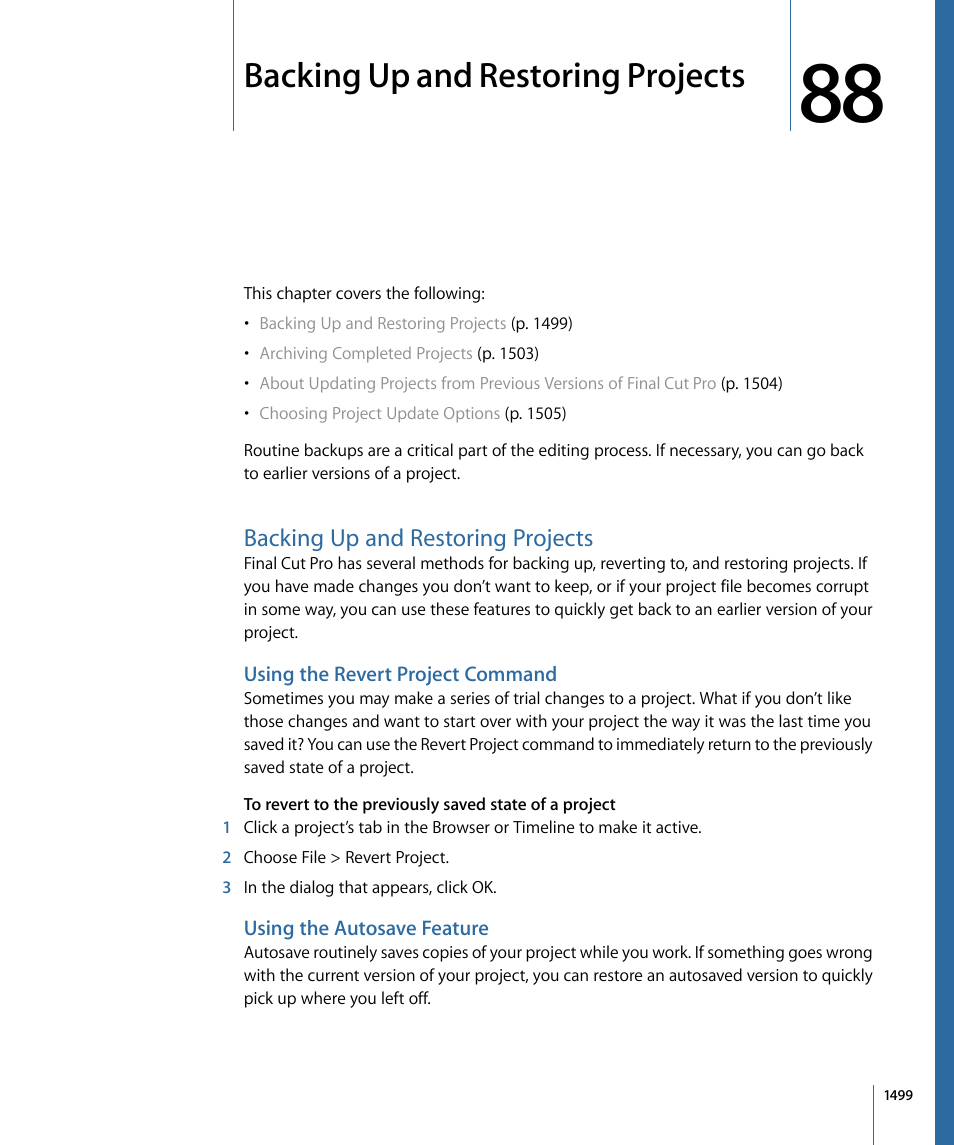 Backing up and restoring projects, Using the revert project command, Using the autosave feature | Tion, see, Backing up and restoring, Projects | Apple Final Cut Pro 7 User Manual | Page 1499 / 1990