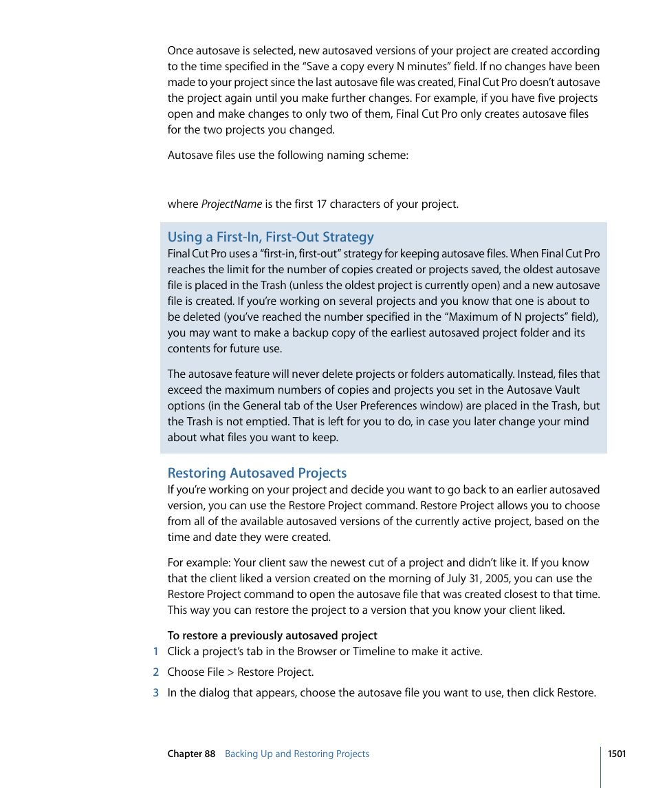 Restoring autosaved projects, Using a first-in, first-out strategy | Apple Final Cut Pro 7 User Manual | Page 1501 / 1990