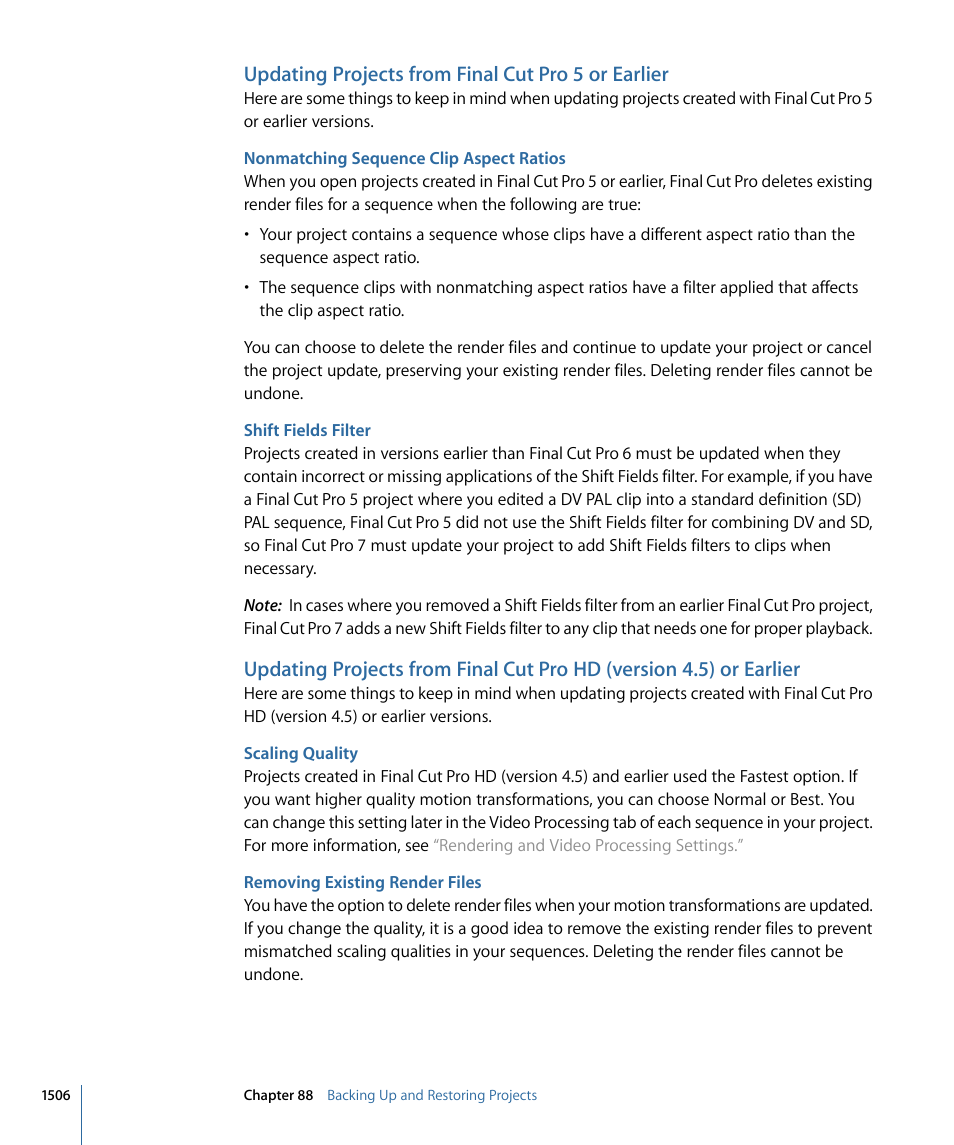 Updating projects from final cut pro 5 or earlier, Nonmatching sequence clip aspect ratios, Shift fields filter | Scaling quality, Removing existing render files | Apple Final Cut Pro 7 User Manual | Page 1506 / 1990