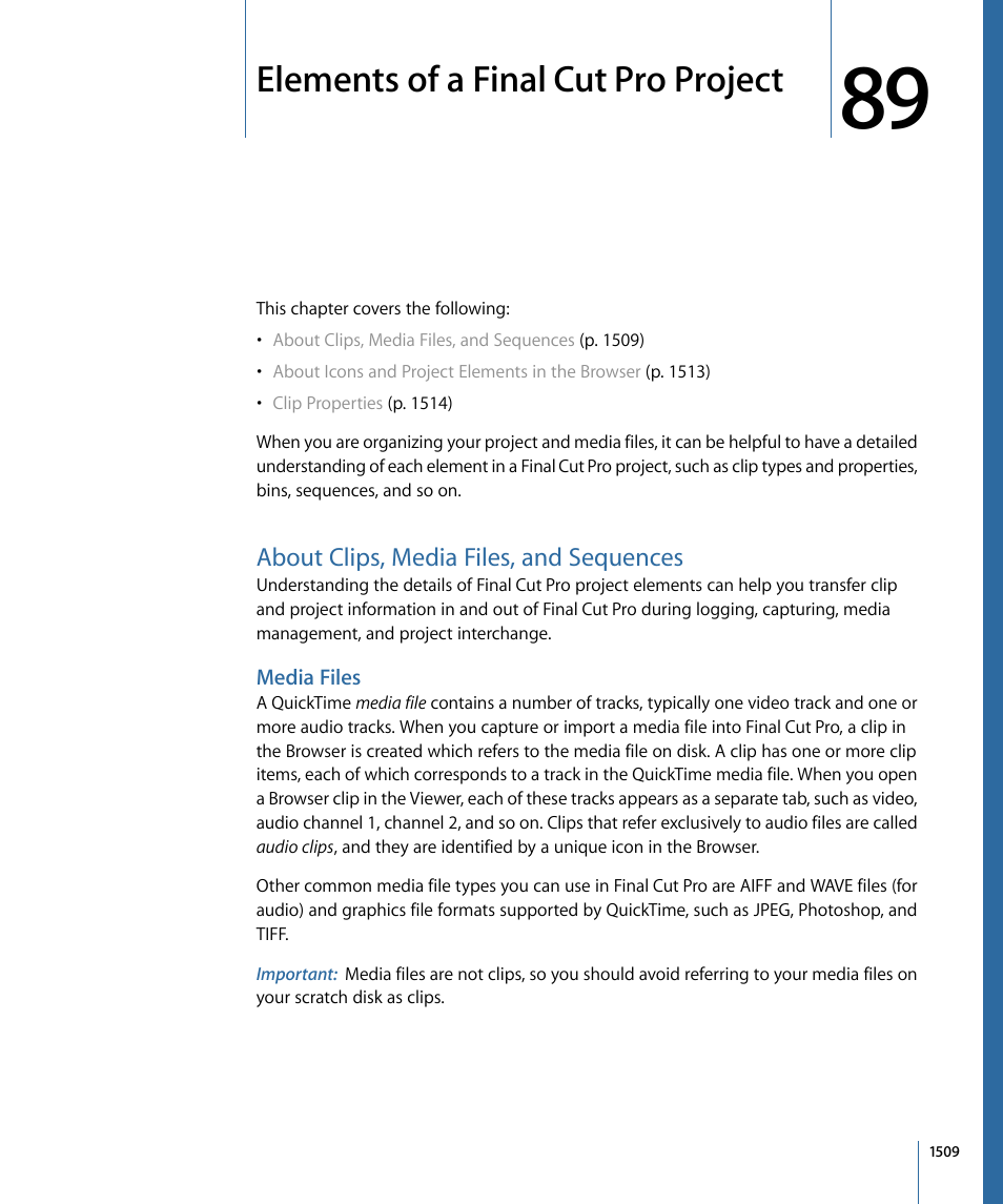 Elements of a final cut pro project, About clips, media files, and sequences, Media files | Elements of a final cut pro, Project | Apple Final Cut Pro 7 User Manual | Page 1509 / 1990