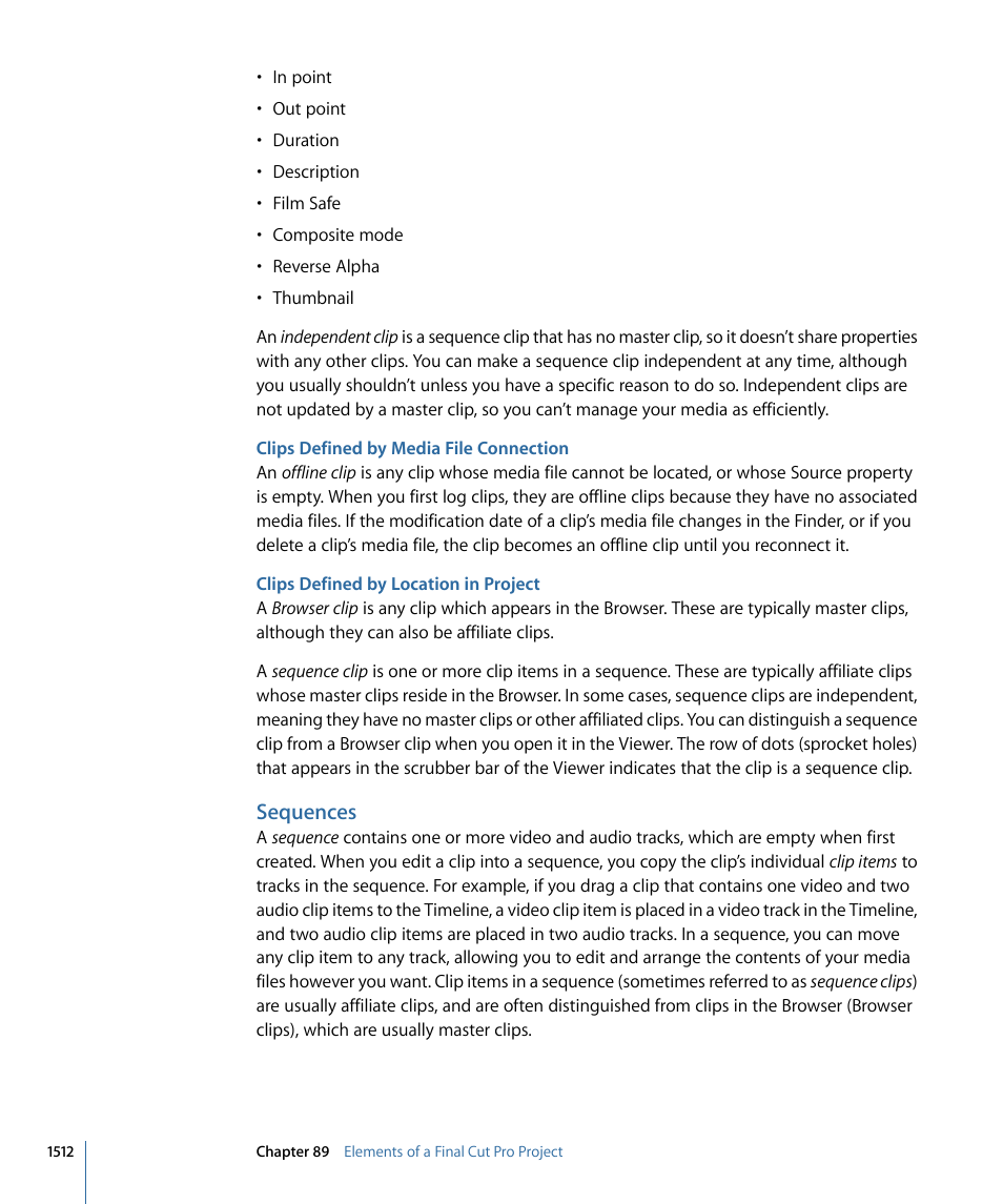 Clips defined by media file connection, Clips defined by location in project, Sequences | Apple Final Cut Pro 7 User Manual | Page 1512 / 1990
