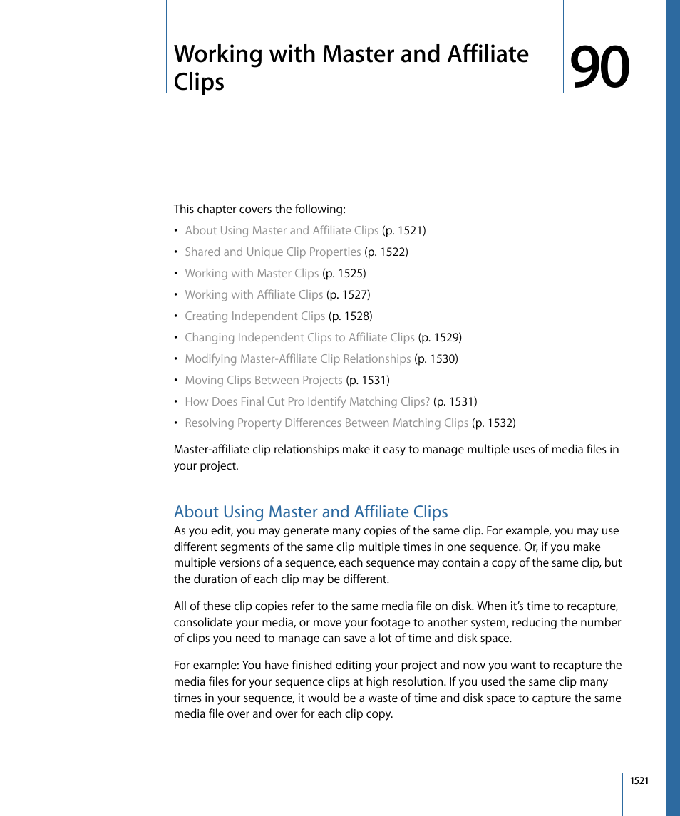 Working with master and affiliate clips, About using master and affiliate clips, Working with master | And affiliate clips, About, Using master and affiliate clips | Apple Final Cut Pro 7 User Manual | Page 1521 / 1990