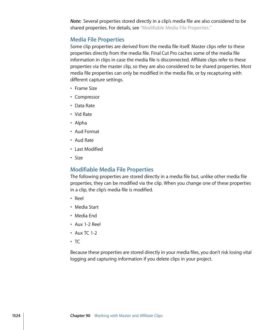 Media file properties, Modifiable media file properties | Apple Final Cut Pro 7 User Manual | Page 1524 / 1990