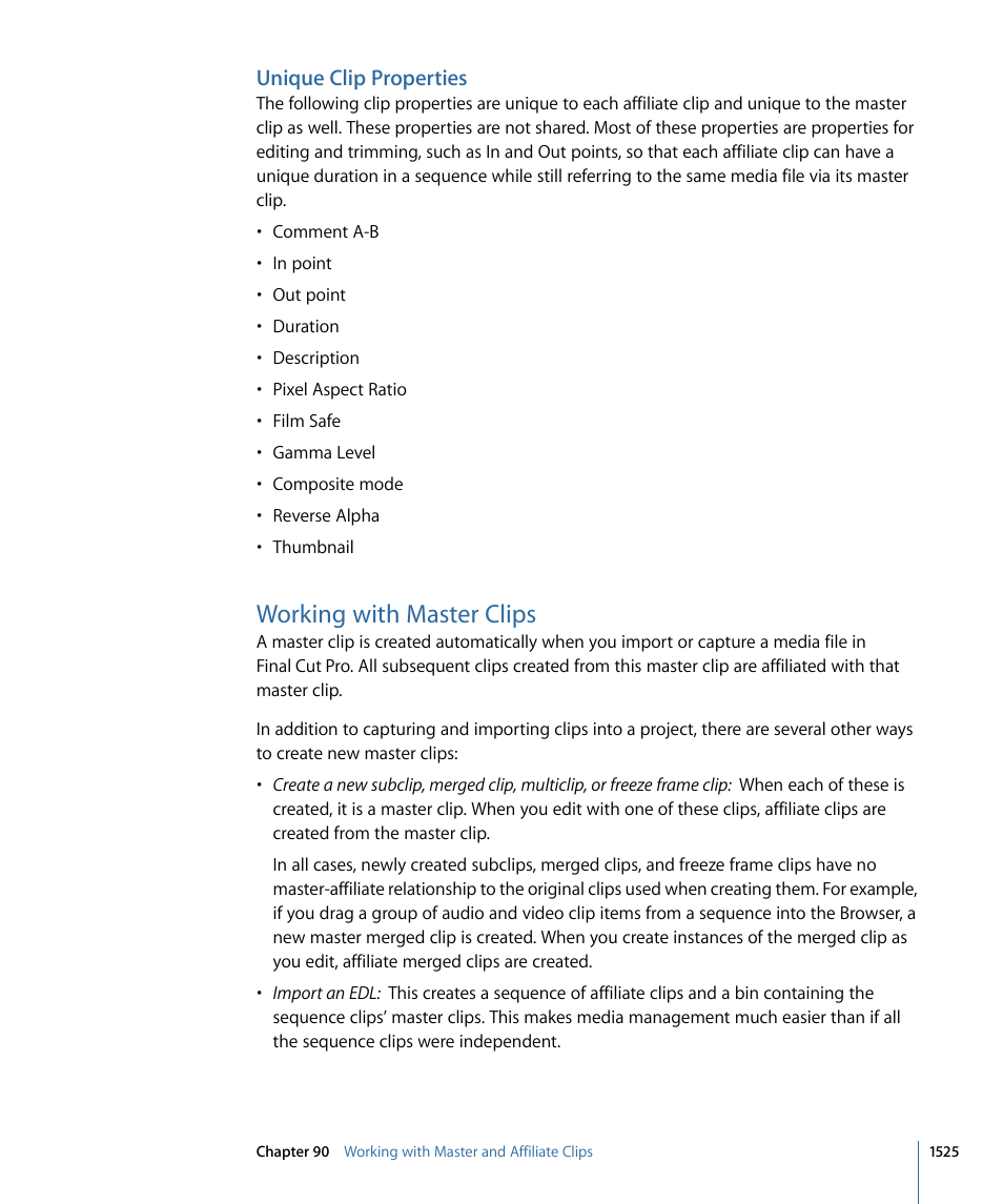 Unique clip properties, Working with master clips | Apple Final Cut Pro 7 User Manual | Page 1525 / 1990