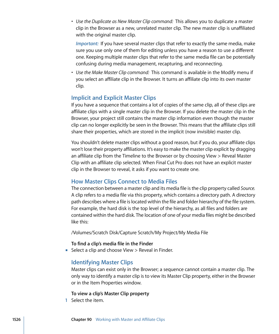 Implicit and explicit master clips, How master clips connect to media files, Identifying master clips | Apple Final Cut Pro 7 User Manual | Page 1526 / 1990