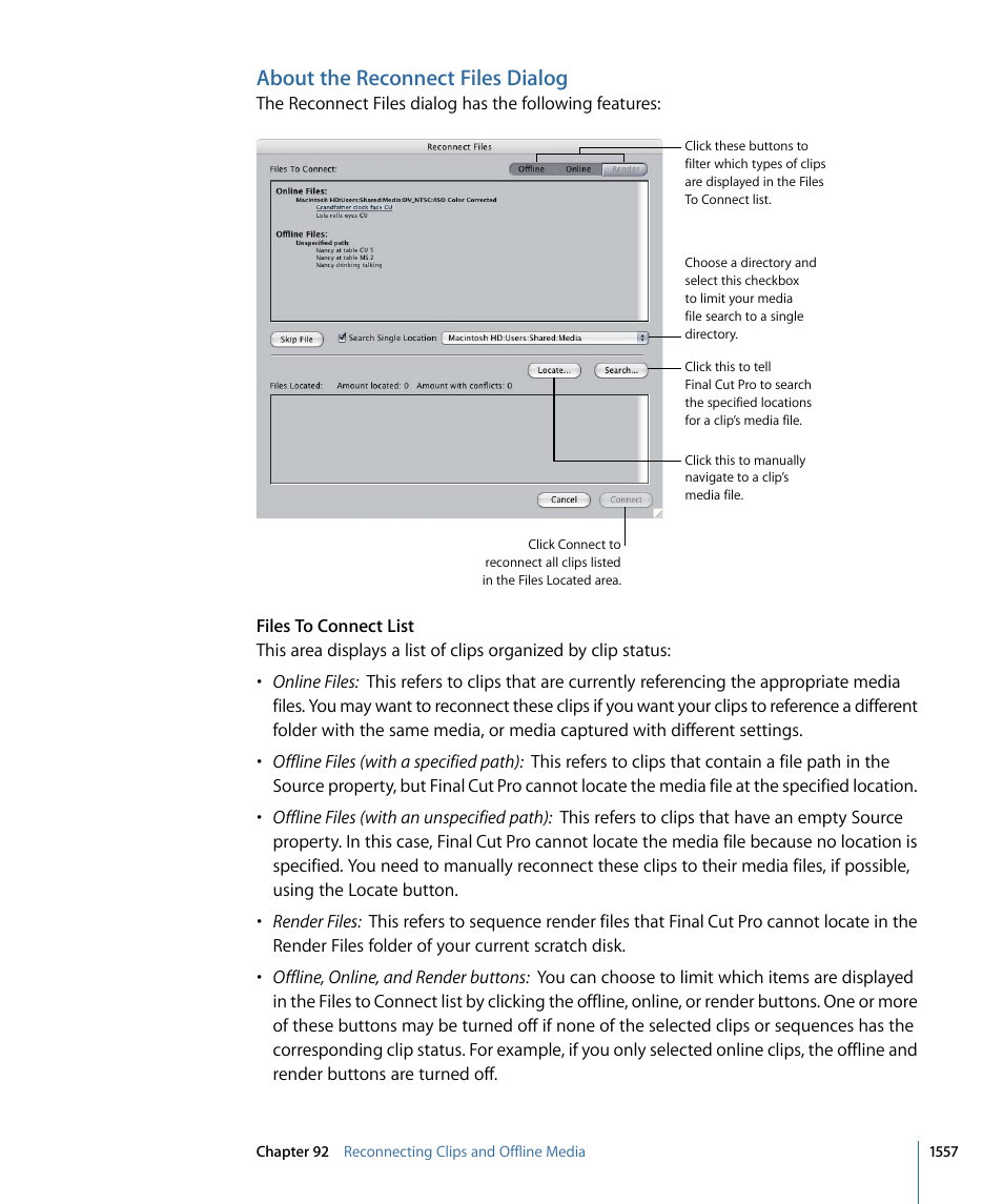 About the reconnect files dialog | Apple Final Cut Pro 7 User Manual | Page 1557 / 1990