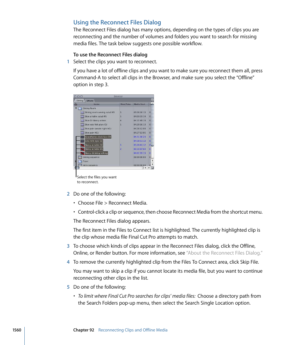 Using the reconnect files dialog | Apple Final Cut Pro 7 User Manual | Page 1560 / 1990