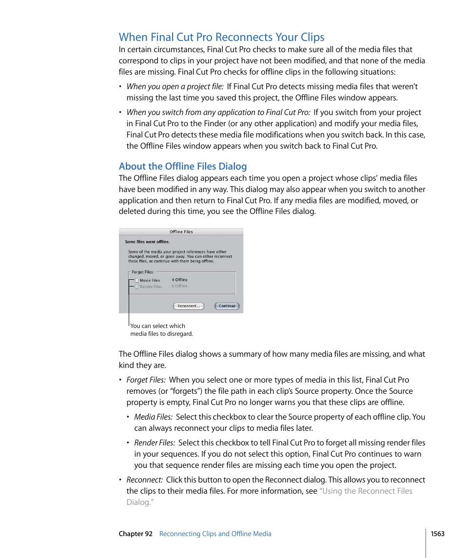 When final cut pro reconnects your clips, About the offline files dialog | Apple Final Cut Pro 7 User Manual | Page 1563 / 1990