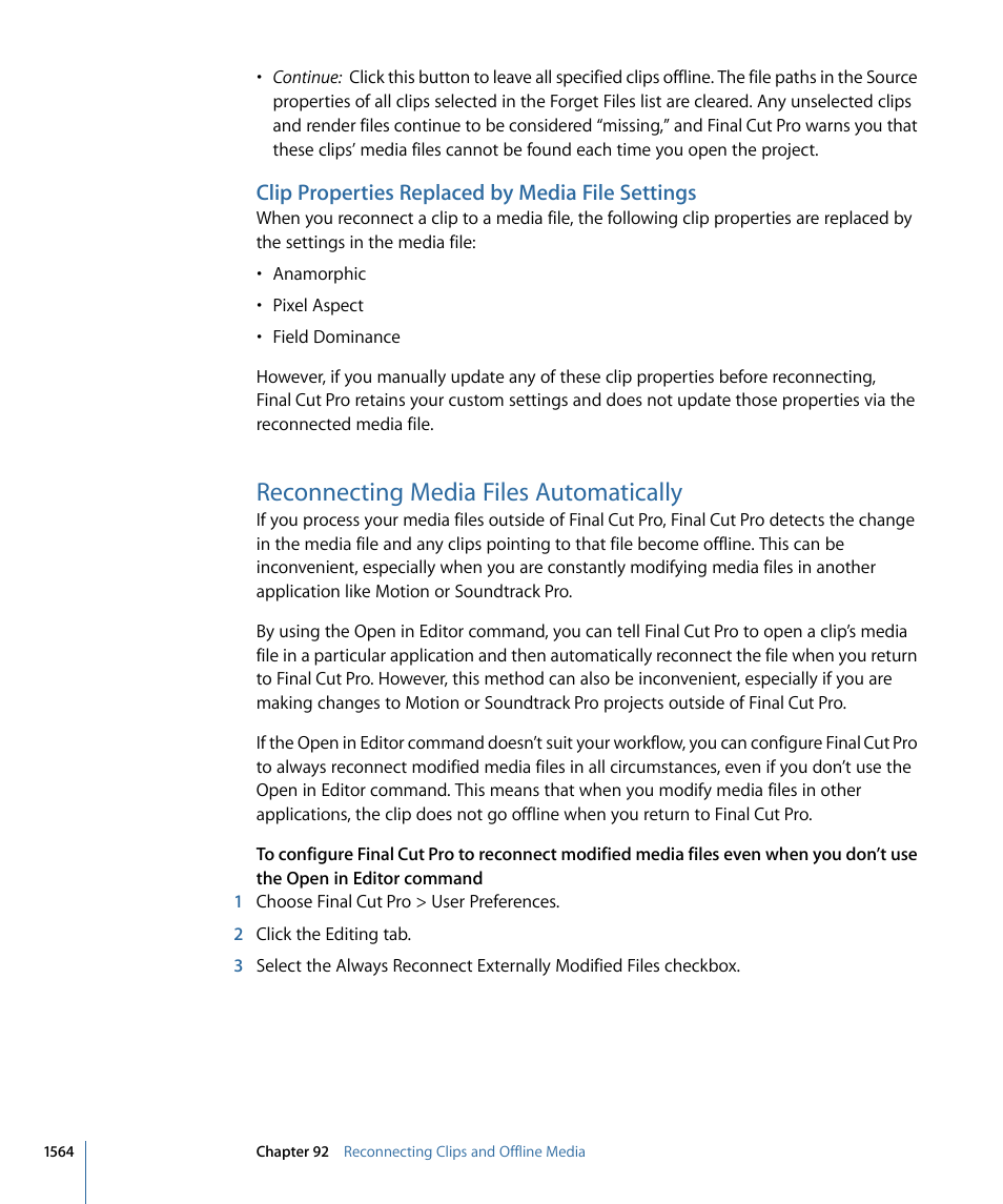 Clip properties replaced by media file settings, Reconnecting media files automatically | Apple Final Cut Pro 7 User Manual | Page 1564 / 1990