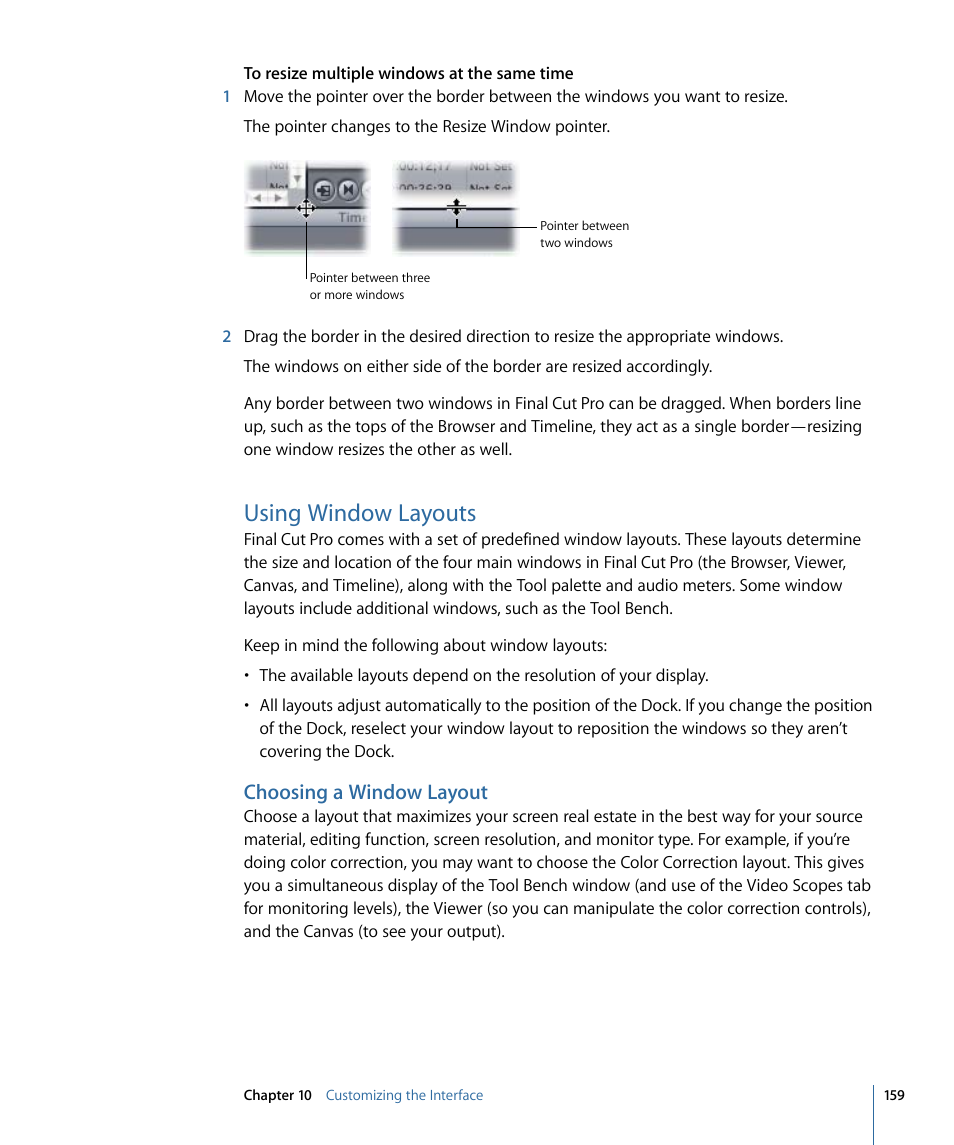 Using window layouts, Choosing a window layout | Apple Final Cut Pro 7 User Manual | Page 159 / 1990