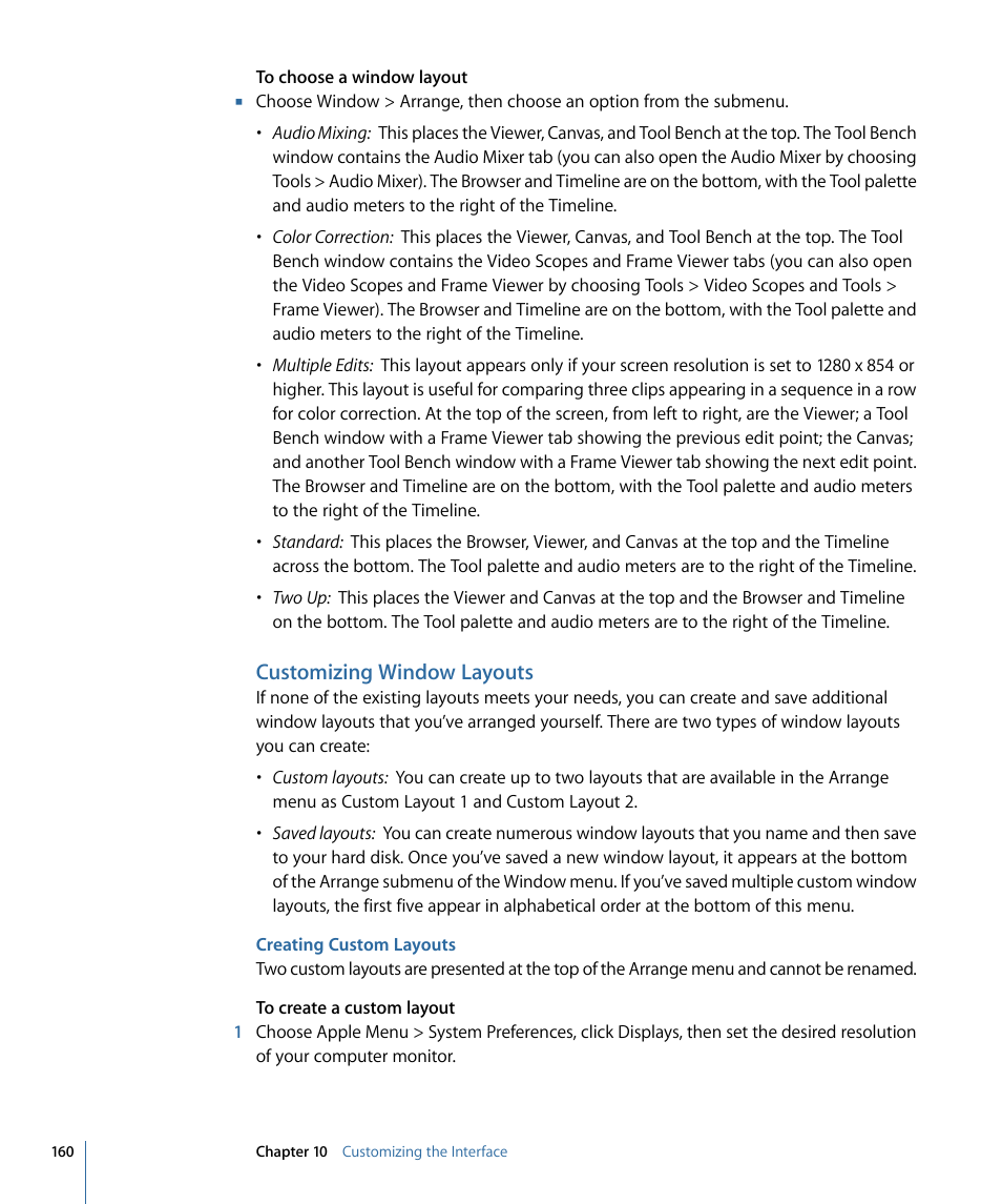 Customizing window layouts, Creating custom layouts | Apple Final Cut Pro 7 User Manual | Page 160 / 1990