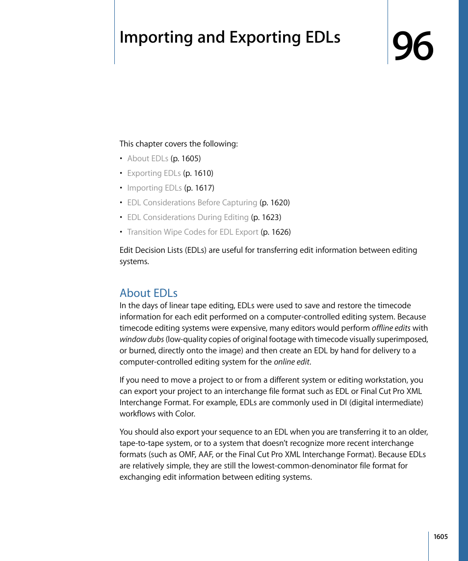 Importing and exporting edls, About edls, Tion, see | Apple Final Cut Pro 7 User Manual | Page 1605 / 1990