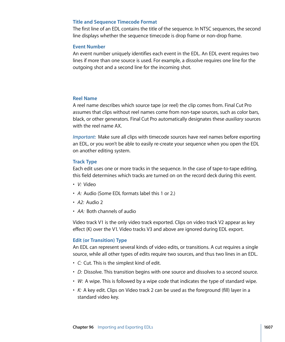 Title and sequence timecode format, Event number, Reel name | Track type, Edit (or transition) type | Apple Final Cut Pro 7 User Manual | Page 1607 / 1990