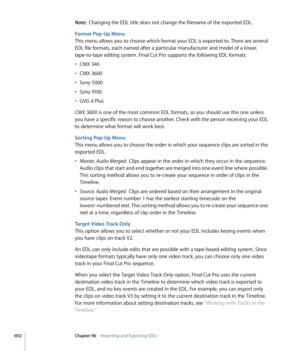 Format pop-up menu, Sorting pop-up menu, Target video track only | Apple Final Cut Pro 7 User Manual | Page 1612 / 1990